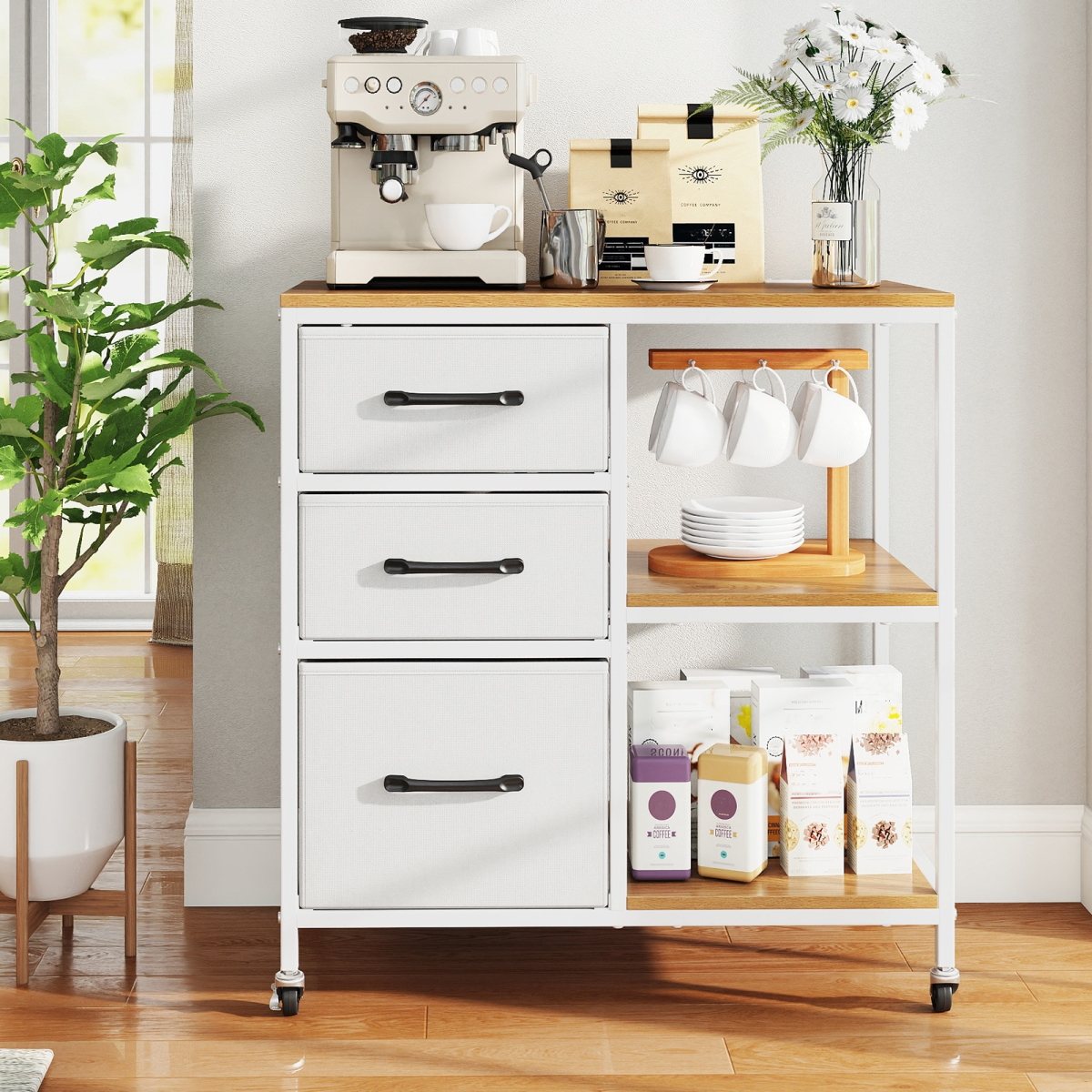 JV13385US-NA 3 Drawer Mobile File Cabinet with Charging Station Rolling Printer Stand with Open Storage Shelves - Natural