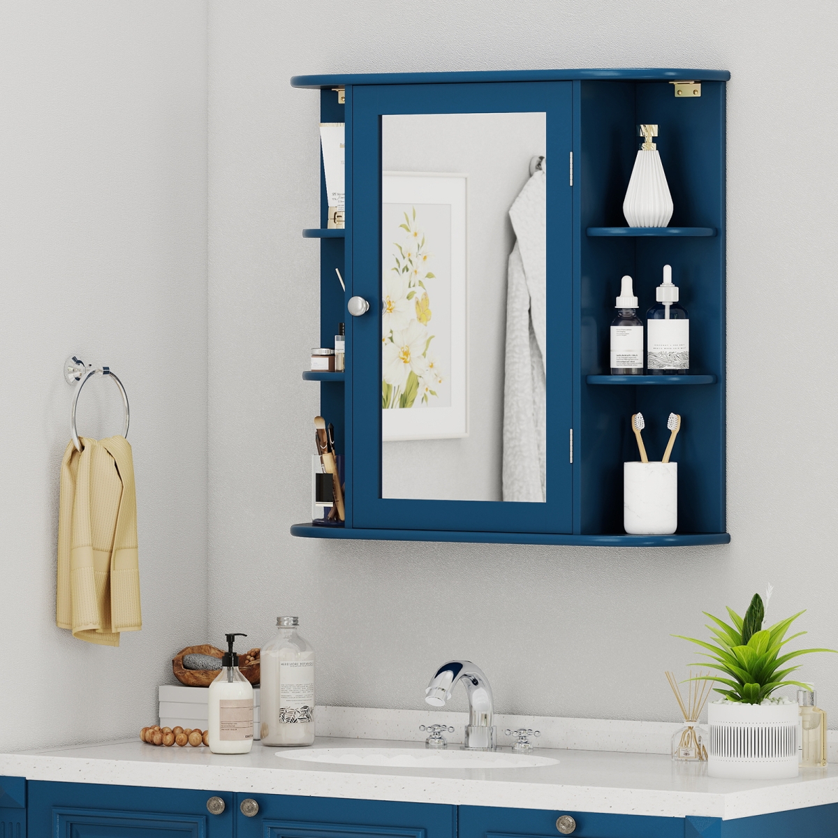 JV13502LS Wall-Mounted Bathroom Mirror Cabinet with Storage Shelves - Blue