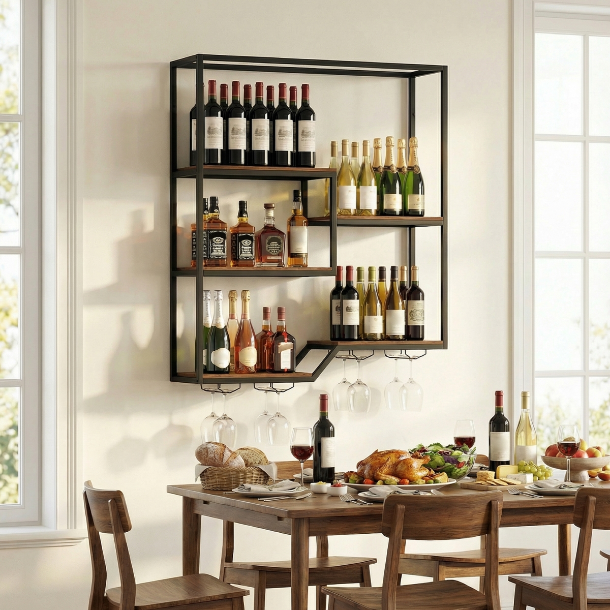 JV13510CF Wall Mounted Wine Rack 6-Tier Hanging Bar Shelf with Bottle Display Shelf & Glass Holder - Rustic Brown