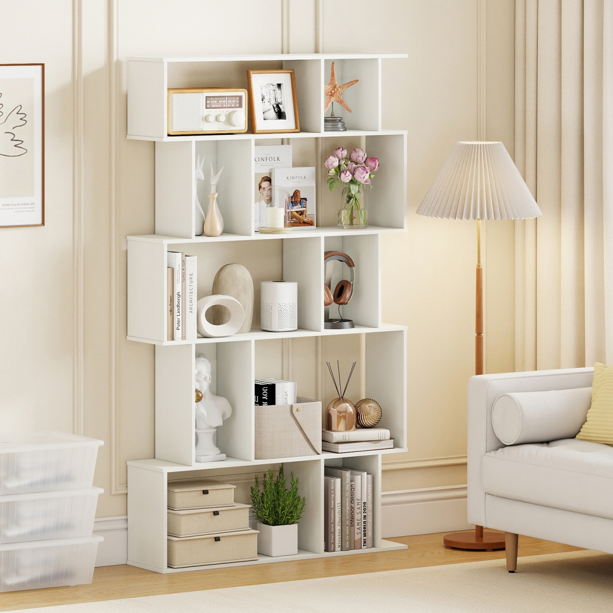 JV13604WH Geometric Bookshelf 5-Tier Bookcase with Open Shelves & Closed-Back Cubes - White