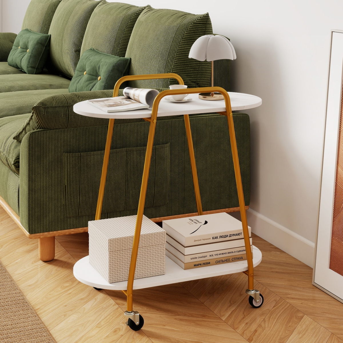 JV13691WH 2-Tier Rolling End Table with Faux Marble Surfaces for Small Spaces - White