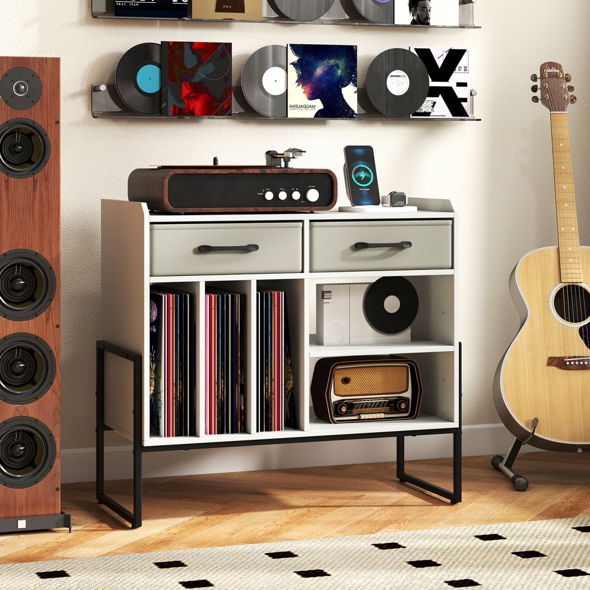 JV13721US-WH Large Record Player Stand with Charging Station Mid Century Modern Vinyl Storage Cabinet - White