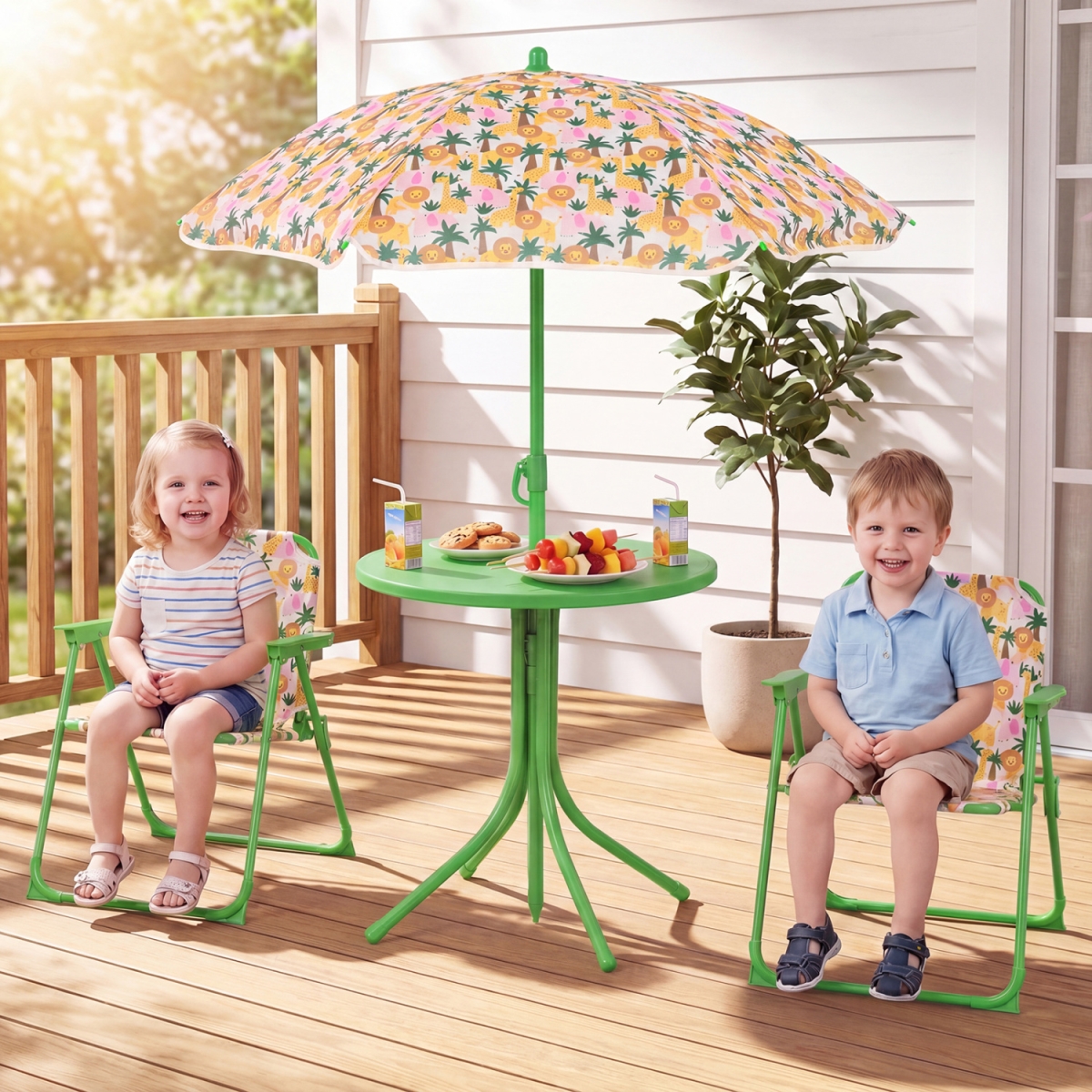 NP13404BE Kids Outdoor Table & Chair Set with 2 Folding Chairs & Height Adjustable Umbrella - Beige