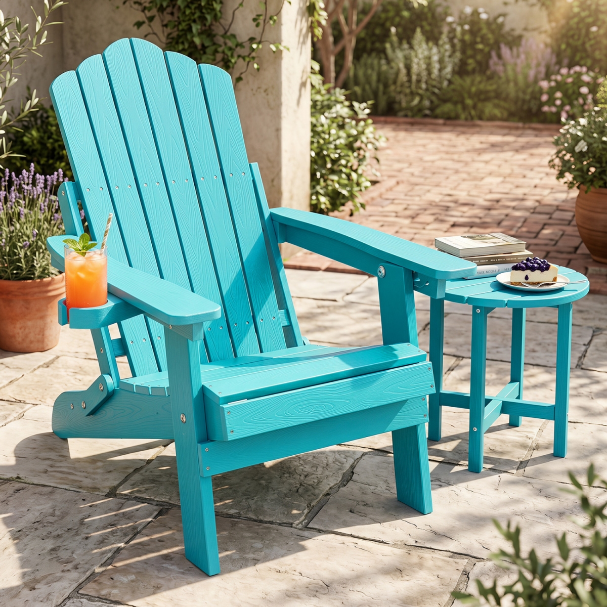 NP13571TU Outdoor Folding Adirondack Chair with Cup Holder & 5-Level Backrest - Turquoise