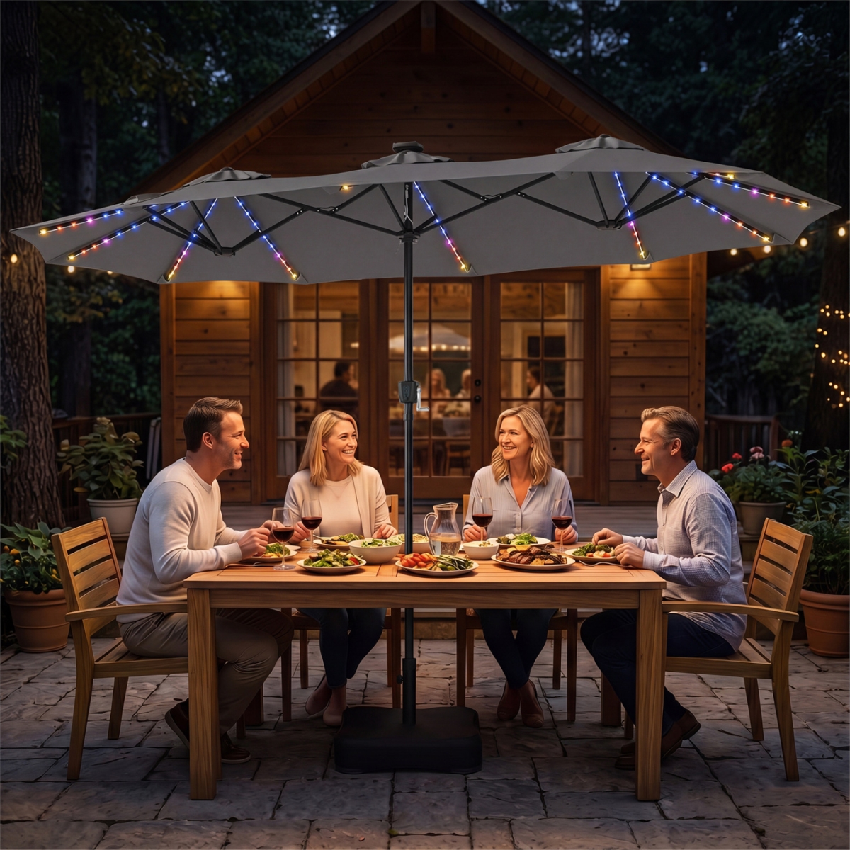 NP13666GR 13 ft. Double-Sided Patio Umbrella with 108 LED Lights & Base Included - Gray