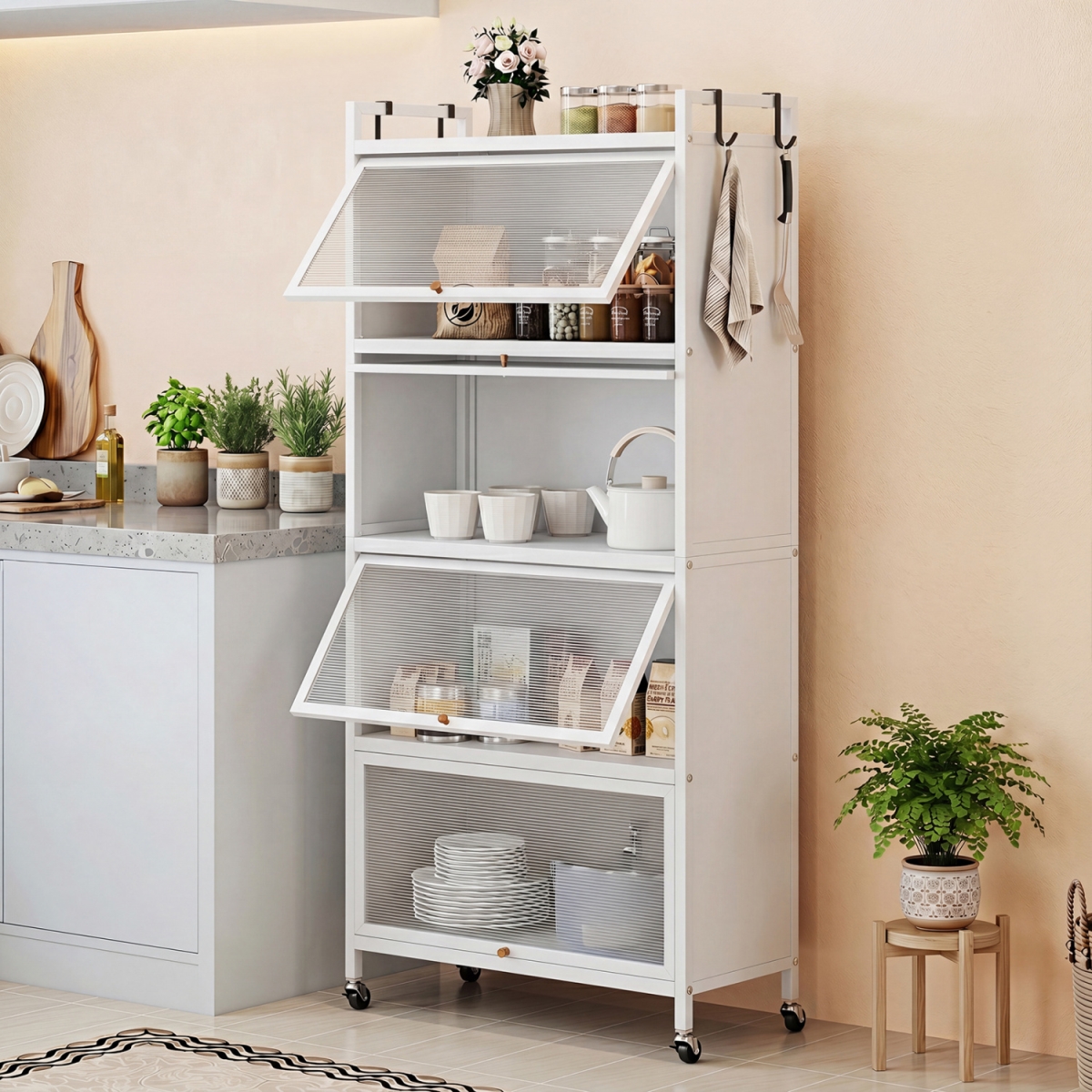 KC59681WH 5-Tier Kitchen Storage Cabinet with 4 Flip-Up PC Doors Adjustable Feet & Rolling Wheels - White