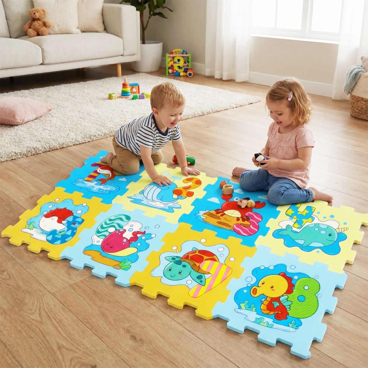 TY363873 Educational Interlocking Baby Play Mat with Animals & Numbers - Colorful - 8 Piece