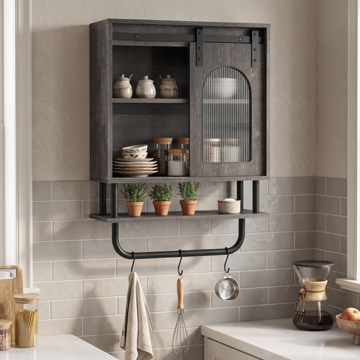 JV13419BO Bathroom Wall Cabinet with Sliding Barn Door & Metal Hanging Bar with 3 Hooks - Black