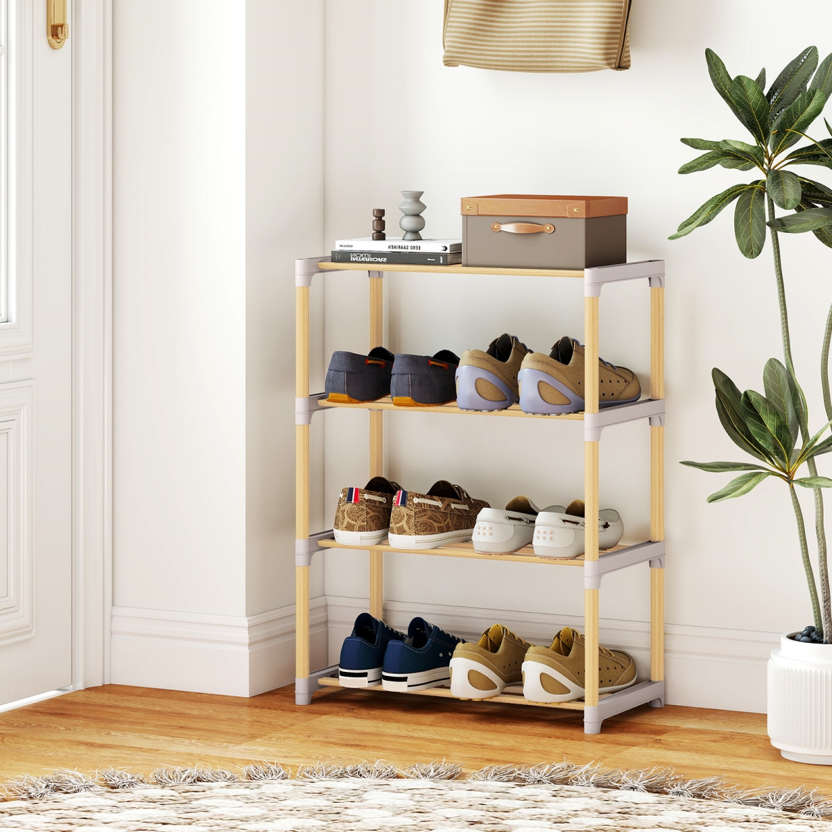 JV13424GR 4-Tier Solid Wood Shoe Rack with Slatted Open Shelves - Gray
