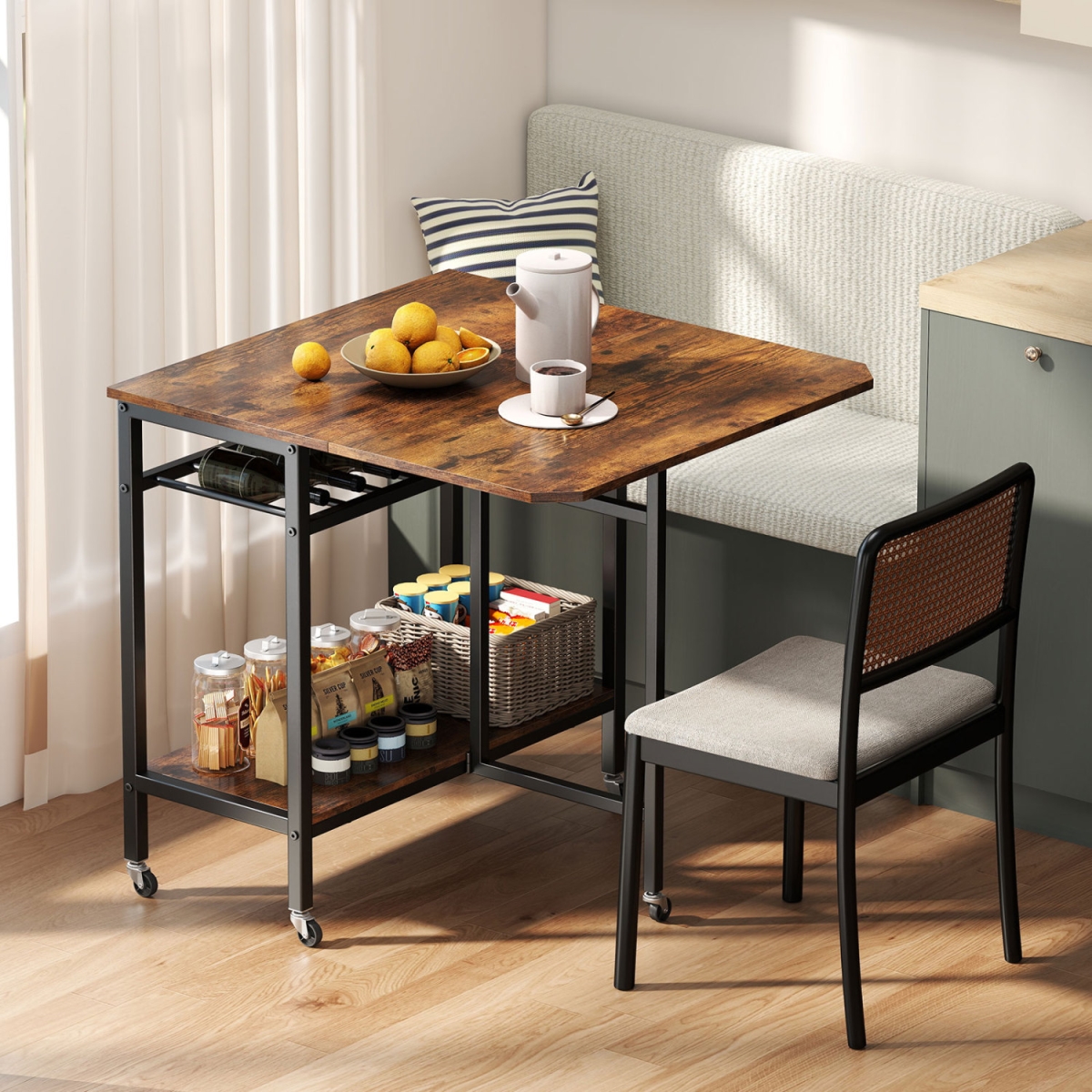 JV13509CF Folding Dining Table with Expandable Laptop with Wine Rack & Wheels - Rustic Brown