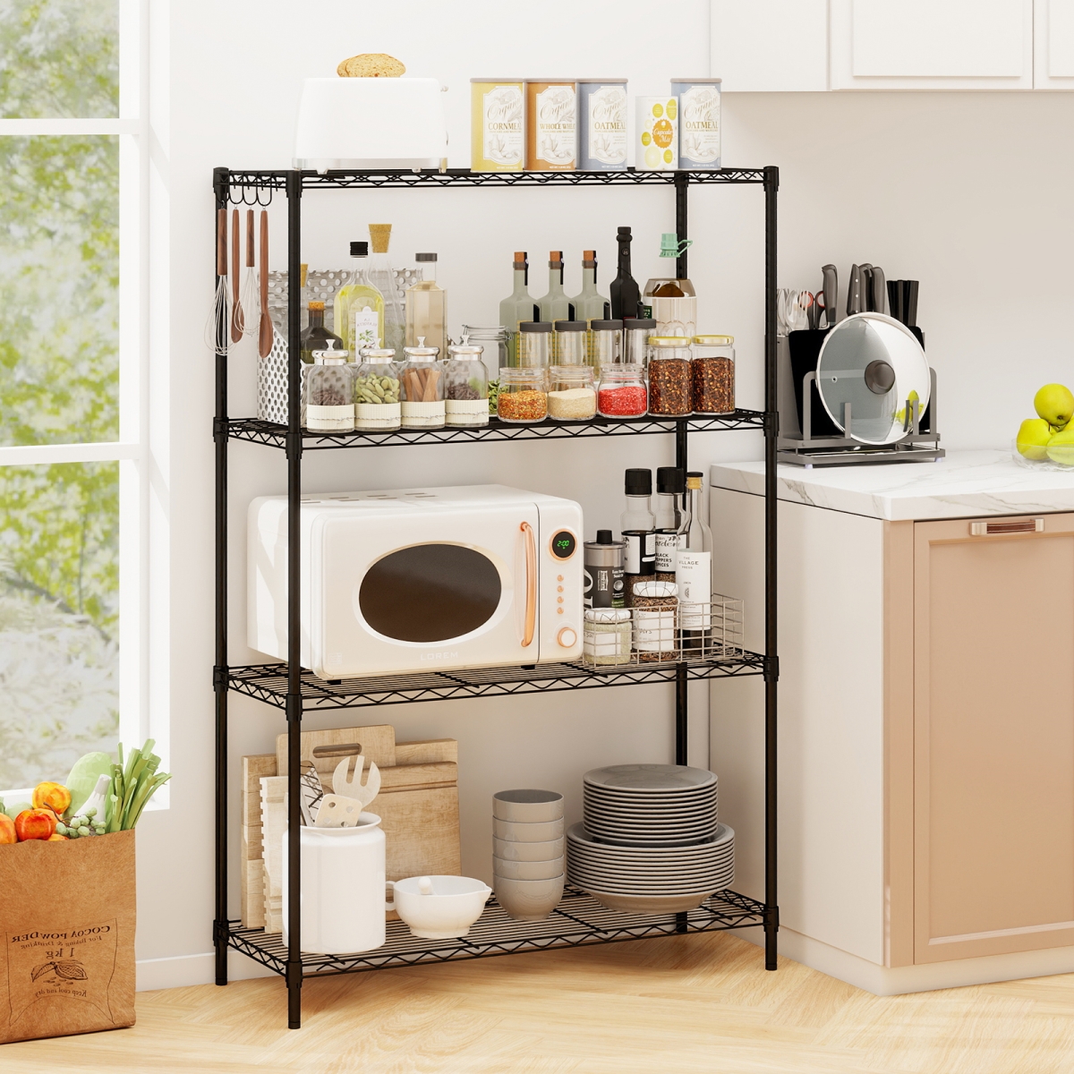 JV13580DK 4-Tier Metal Storage Shelving Unit with V-Shaped Wire Rack & 1000 lbs Capacity - Black
