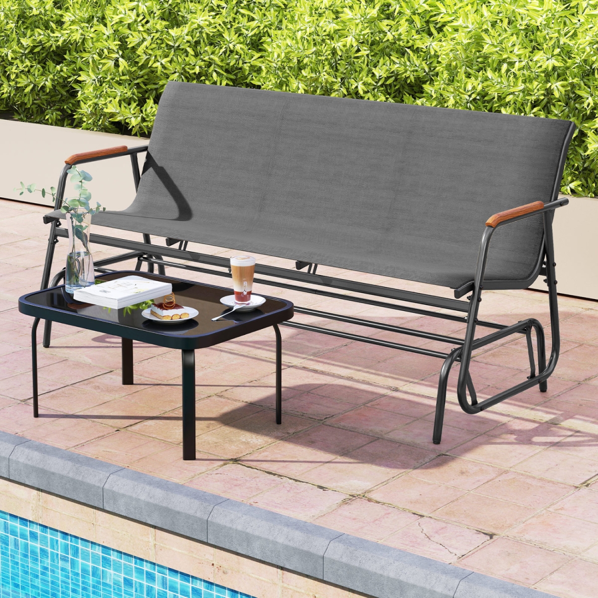 NP12177GR Patio Glider Bench with Curved Teak Armrests & Breathable Fabric Seat for 3 People - Gray