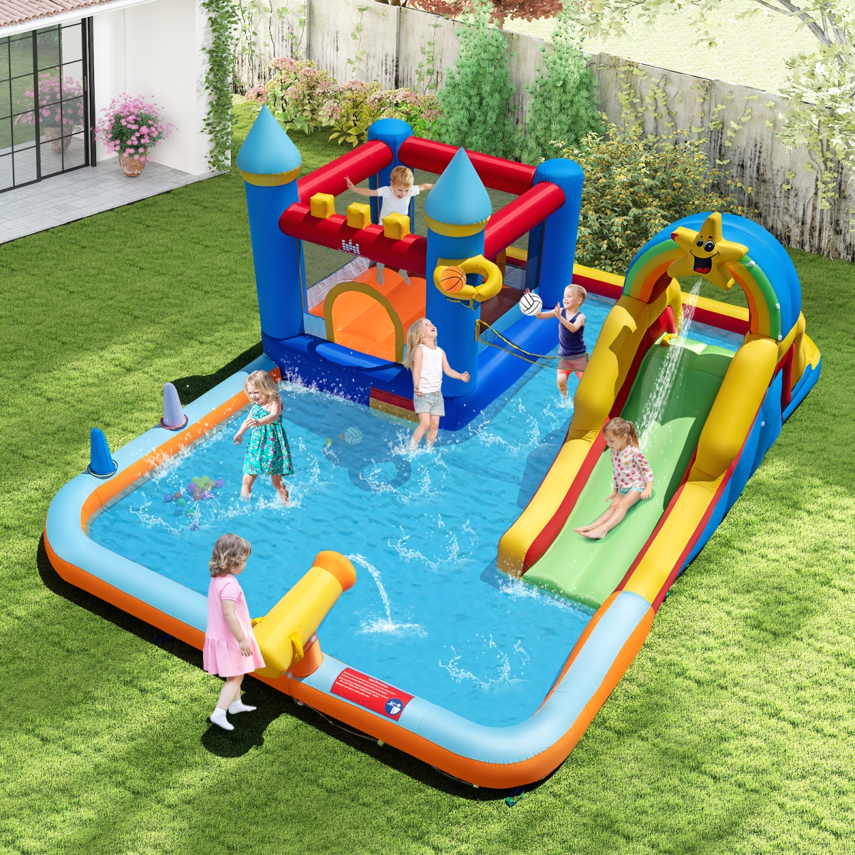 NP12673-ES10151US Inflatable Water Slide Park Bouncy Castle with Climbing Wall with 750W Blower