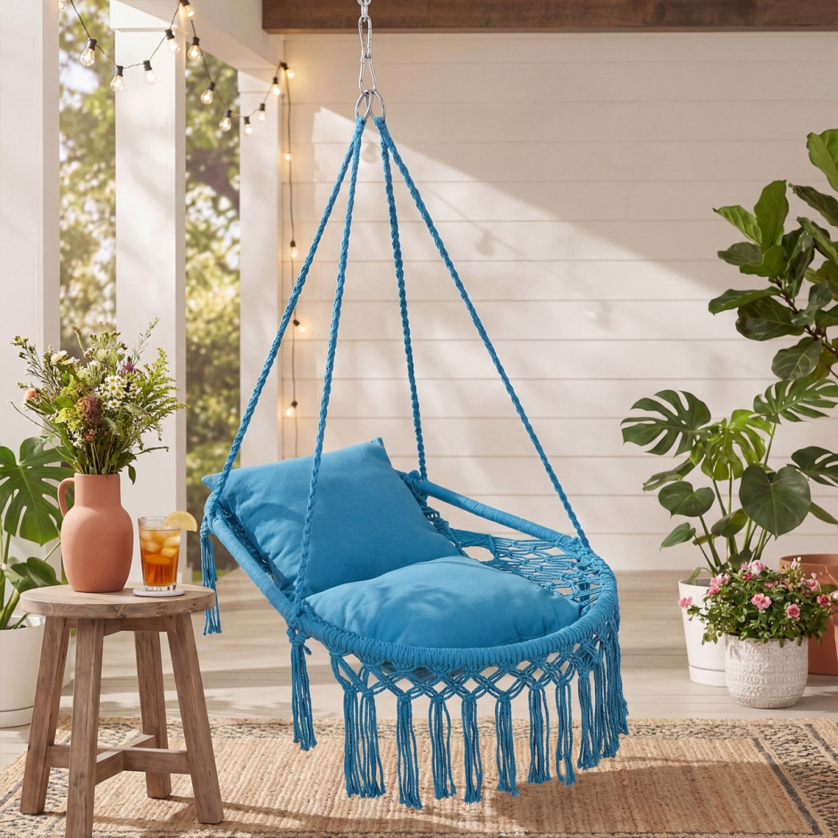 NP13235NY Macrame Swing Chair Hammock Chair with 2 Removable Cushions - Navy