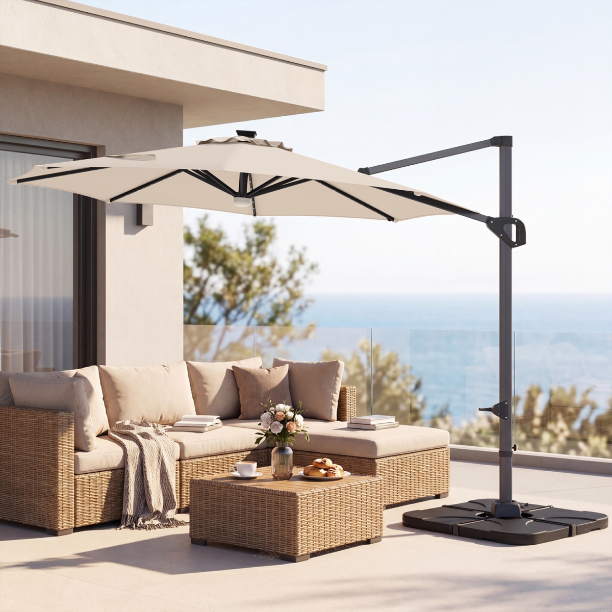 NP13283BE-NP12183 10 ft. Cantilever Patio Umbrella with 35 Solar LED Lights & 220 lbs Base - Beige