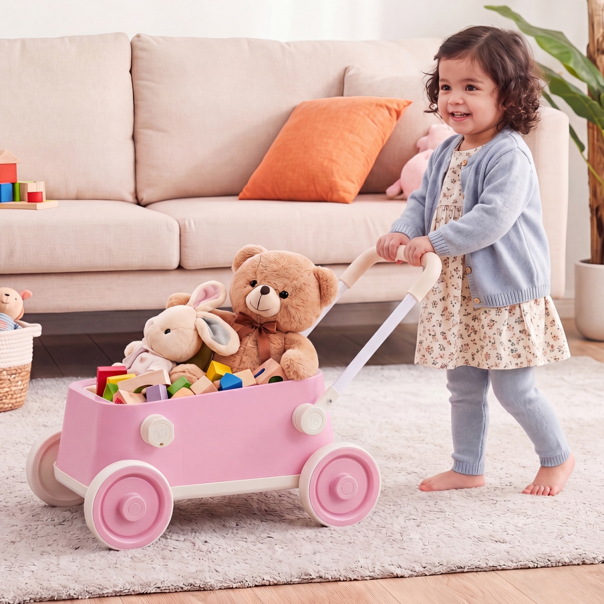 TQ10527PI Baby Push Walker with Wheels & Foldable Handlebar & Storage Basket - Pink