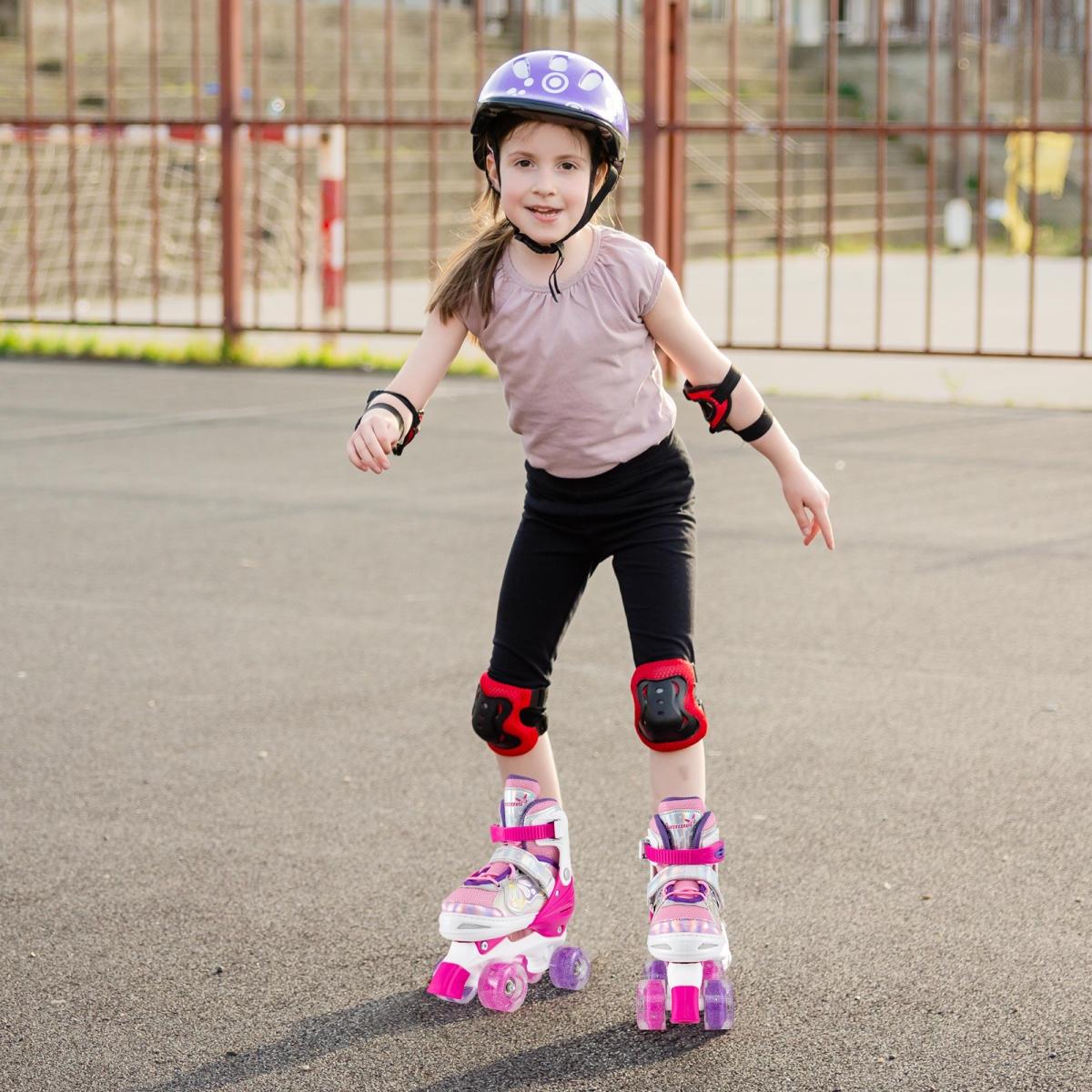 TS10300MH Kids Roller Skates 4 Sizes Adjustable Quad Skates with Light-Up Wheels - Rose Red