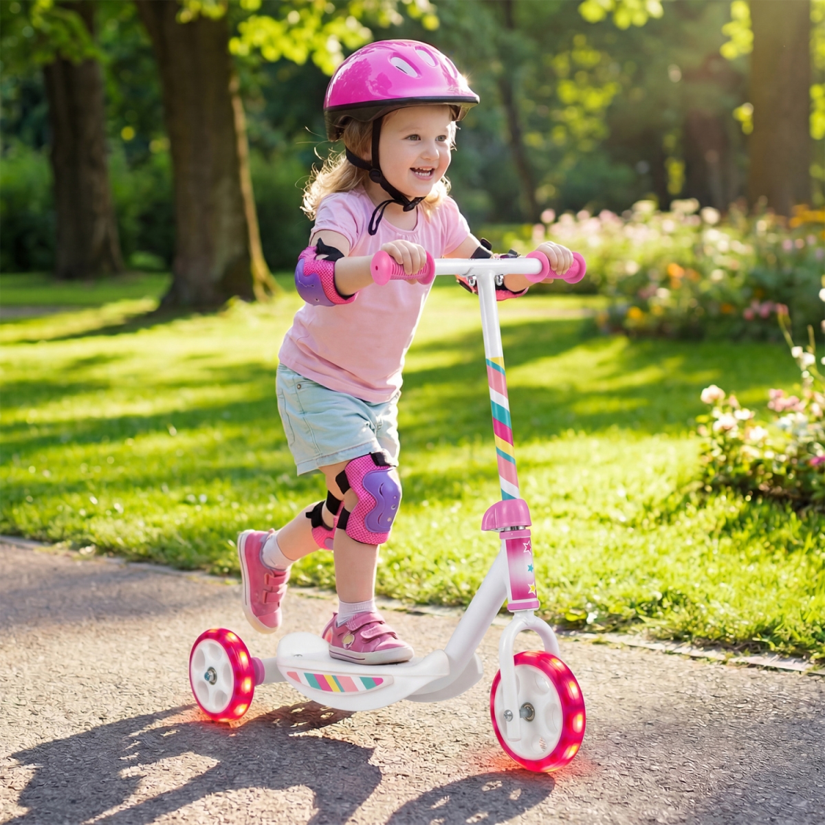 TS10361PI Toddlers Kick Scooter with LED Light-Up Wheels & Wide Anti-Slip Deck for Boys & Girls - Pink