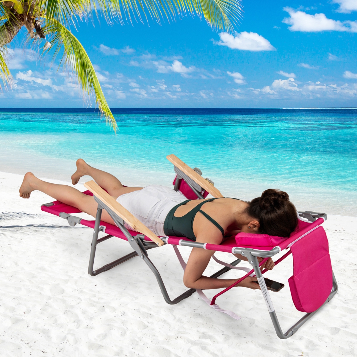 NP12638PI 3-in-1 Foldable Beach Chair with Footrest & Adjustable Backrest - Peach