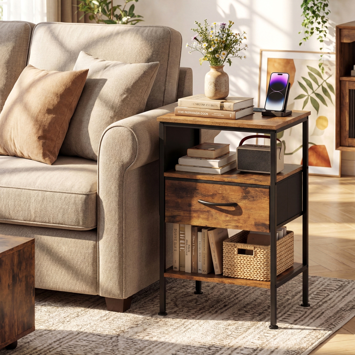 JZ10403US-CF Nightstand with Charging Station 24.5 in. Modern Bedside Table with Fabric Drawer - Rustic Brown