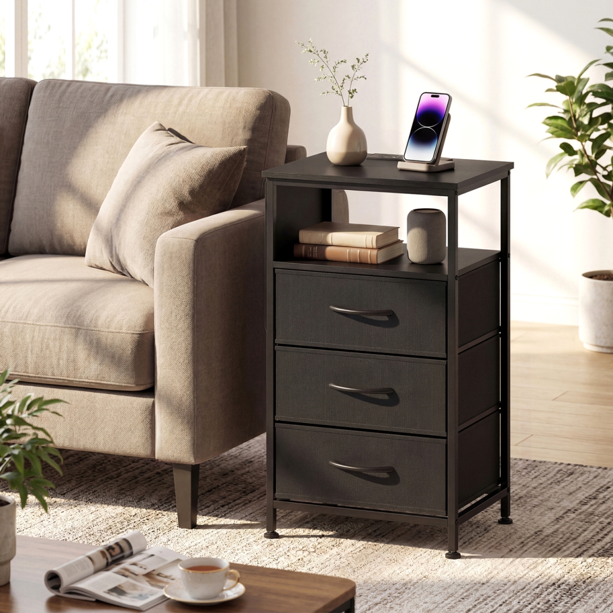 JZ10405US-DK Nightstand with Charging Station 27.5 in. Modern Bedside Table with 3 Fabric Drawers - Black