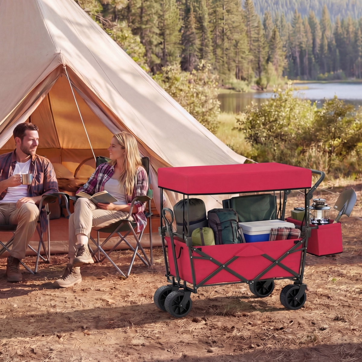 NP12739RE Collapsible Wagon with Removable Canopy & Detachable Storage Bag - Red