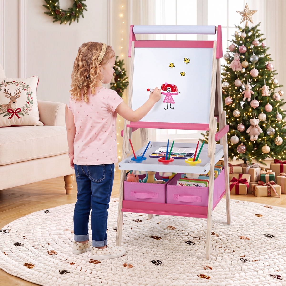 TP10261HP 3-in-1 Art Easel for Kids with Magnetic Chalkboard & Whiteboard - Pink