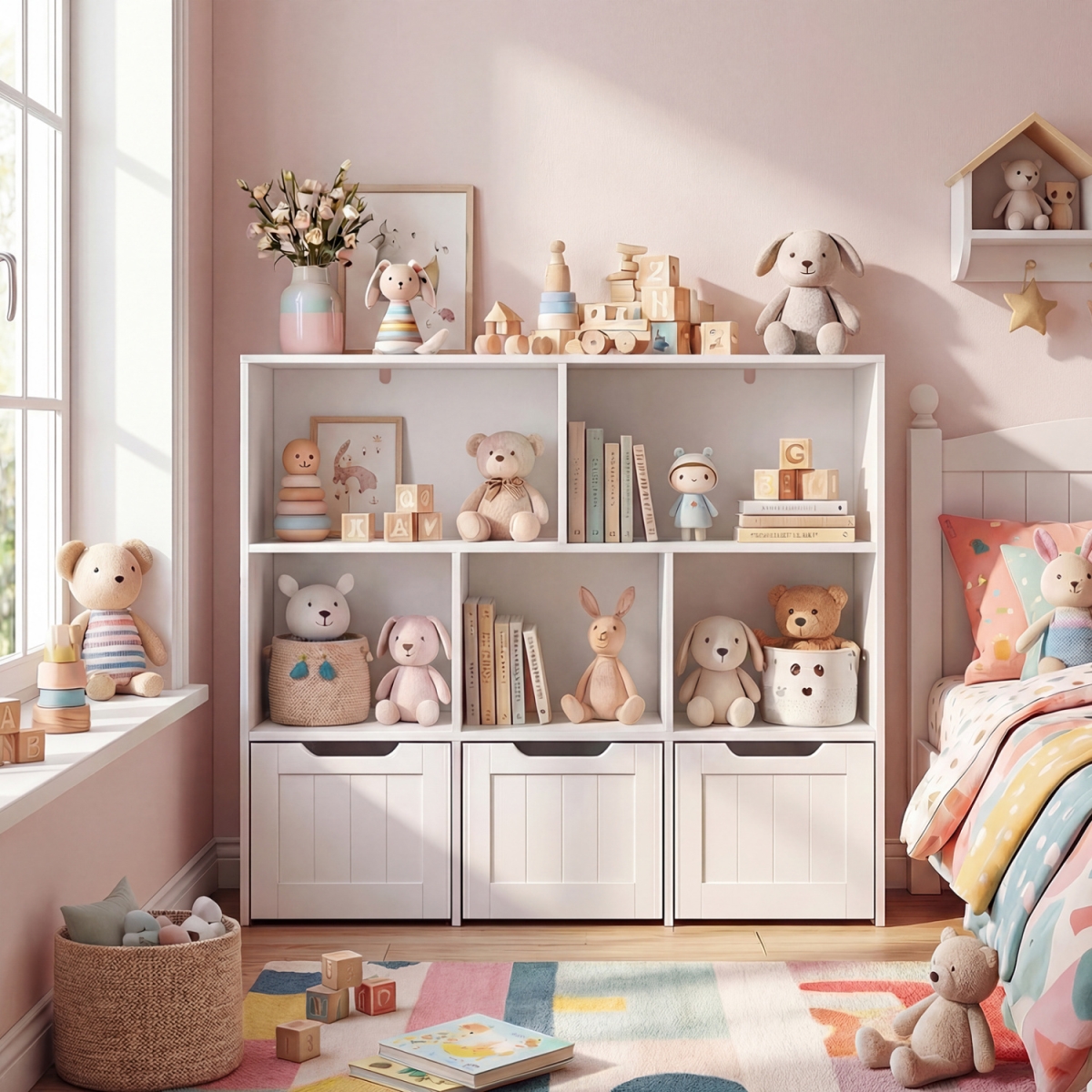 TP10386WH Toy Storage Organizer with 3 Movable Drawers & 5 Open Cubbies for Playroom - White
