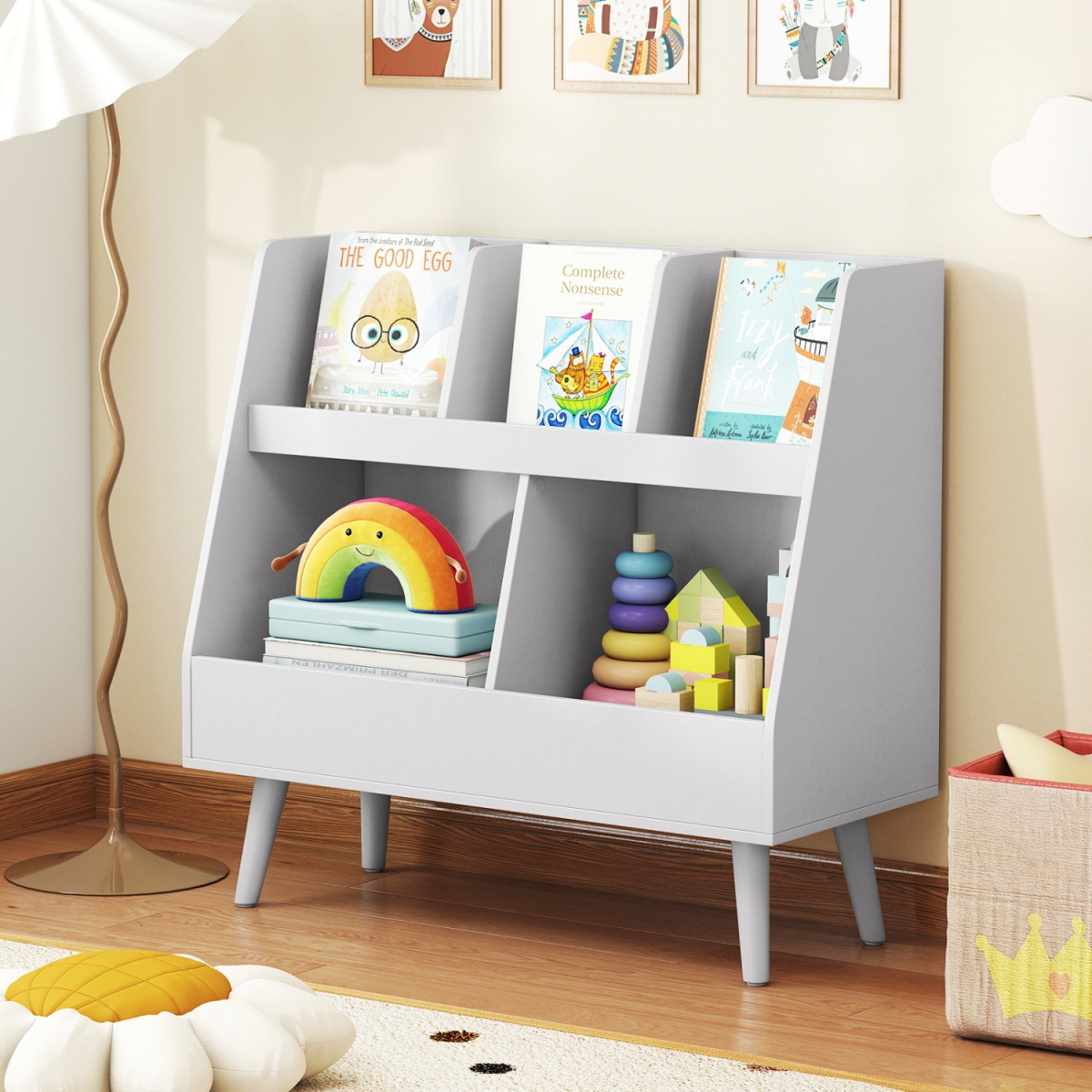 TP10498GR 5-Cube Kids Bookshelf & Toy Organizer with Anti-Tipping Kits - Light Gray