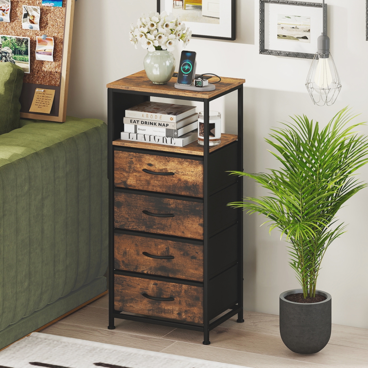 JZ10406US-CF Nightstand with Integrated Charging Station 34 in. Modern Bedside Table - Rustic Brown