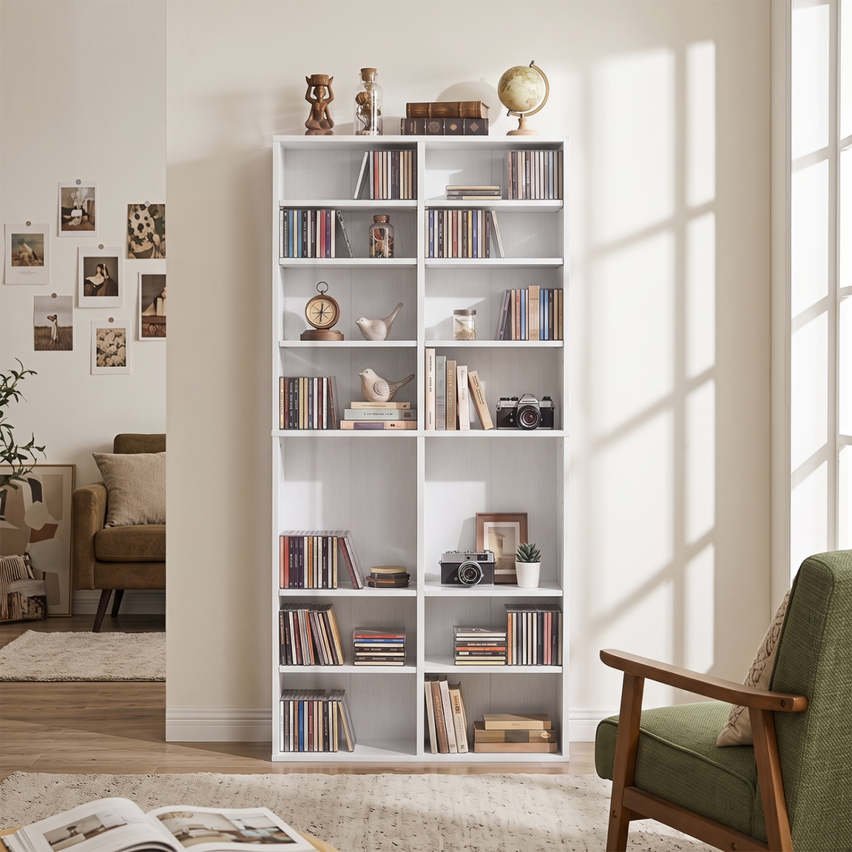 JZ10521WH 16 Compartment CD Storage Unit 54 in. Freestanding Open Display Shelf with 12 Removable Shelves - White