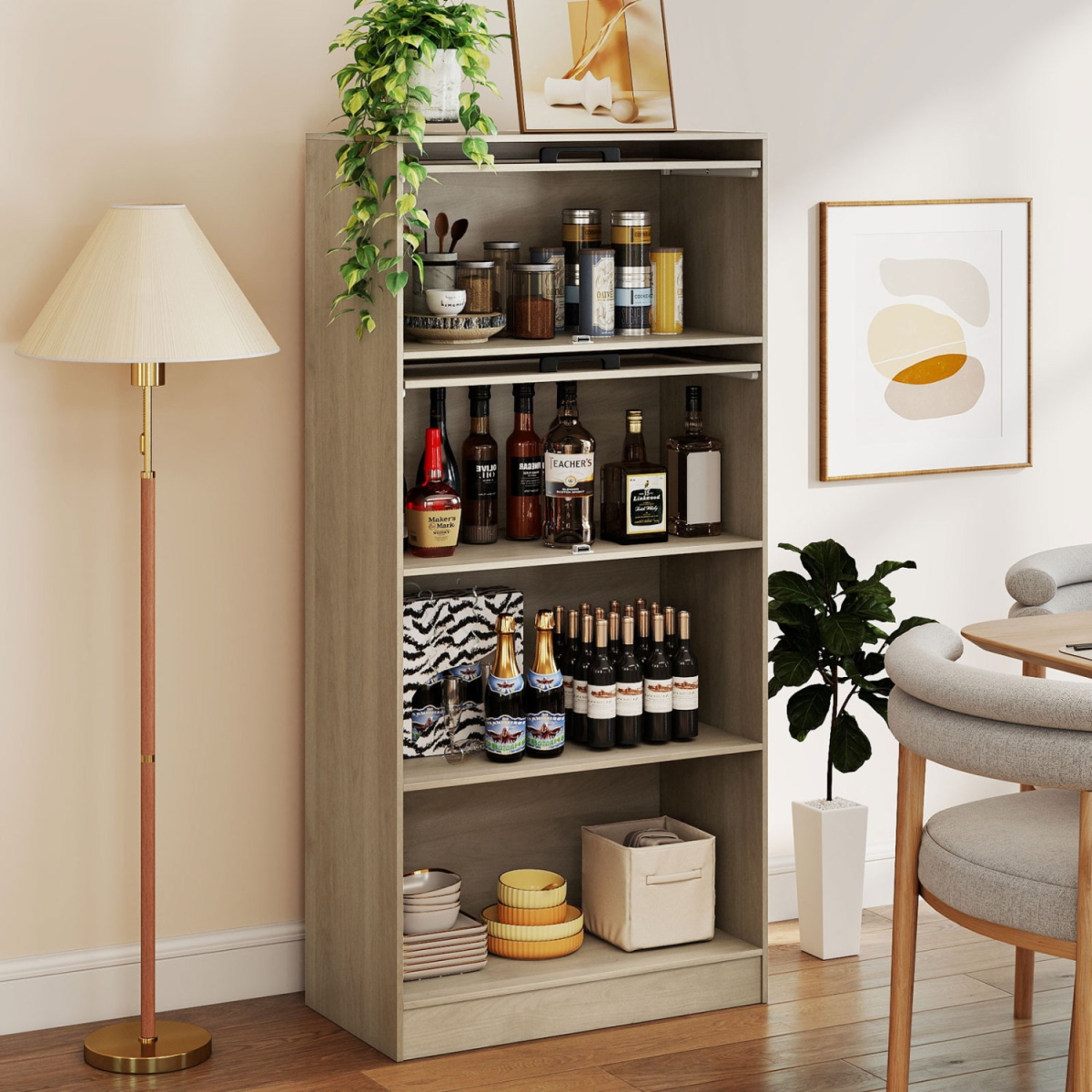 JZ10556NA 4-Tier Bookshelf with Storage Cabinets & Open Compartments - Natural