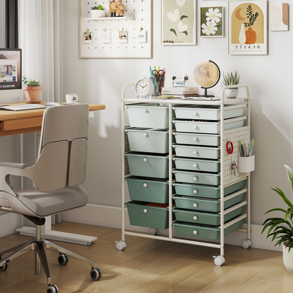 JZ10567QR 15-Drawer Rolling Storage Cart with Metal Tabletop & Pegboard - Green