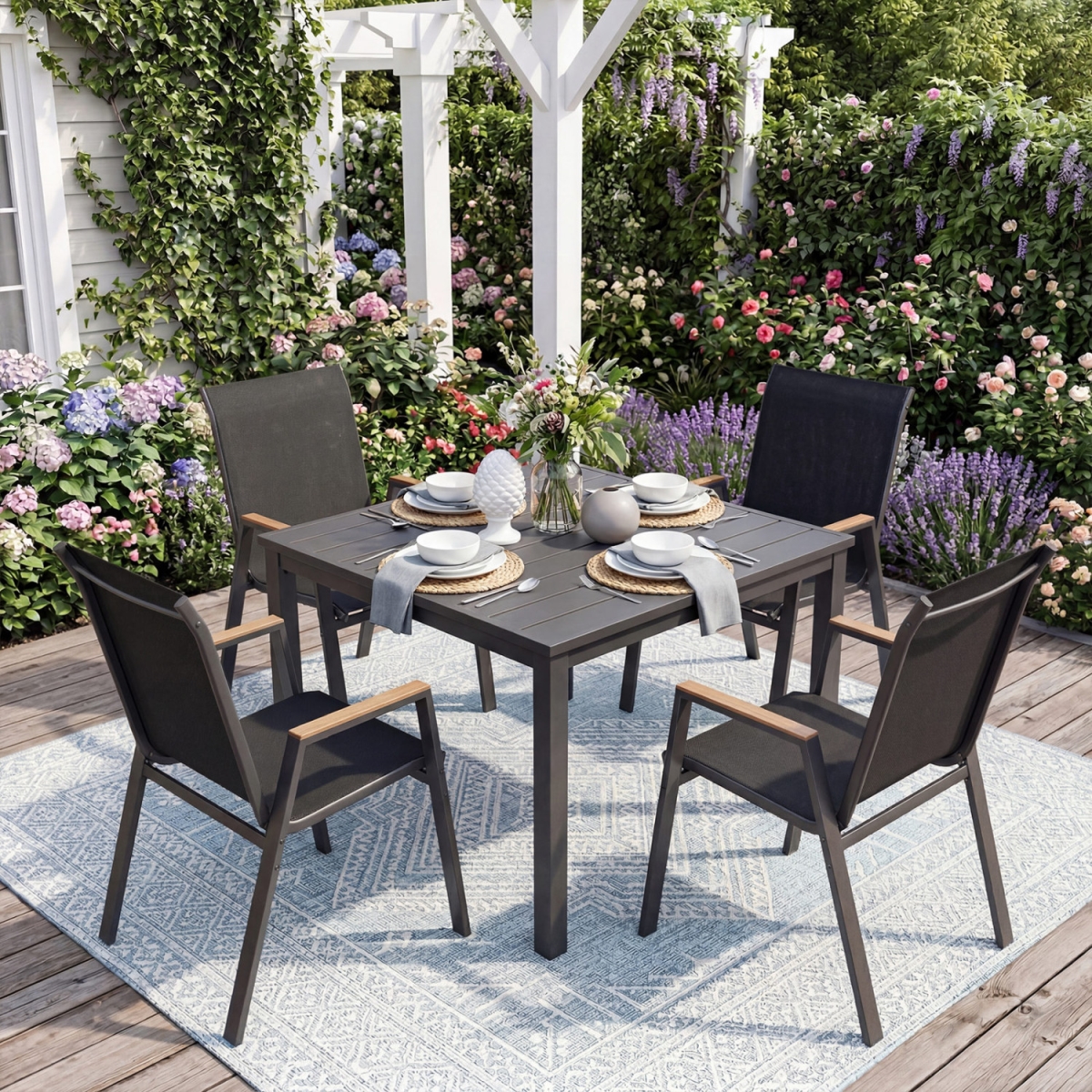 NP12931DK-4 Stackable Patio Chairs with High Backs for Backyard 400 lbs - Black - Set of 4