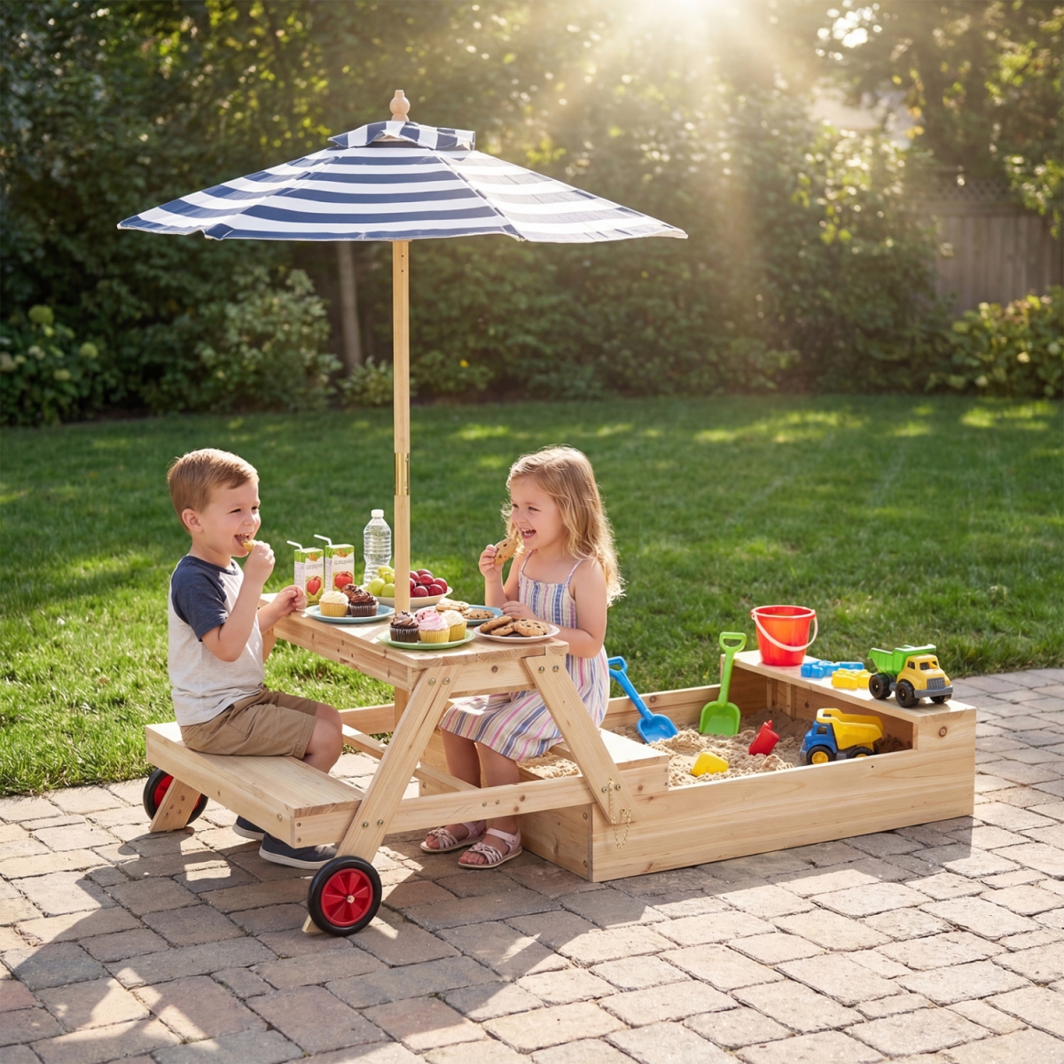 NP13011BL 2-in-1 Wooden Sandbox with Foldable Umbrella & Convertible Picnic Table - Blue