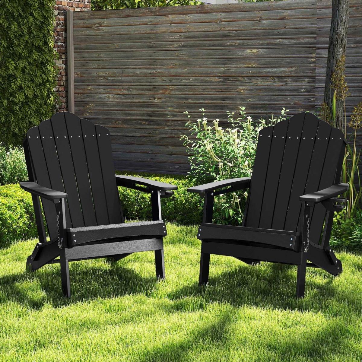 NP13040BK Weather Resistant HDPE Folding Adirondack Chair with High Backrest for Backyard - Black