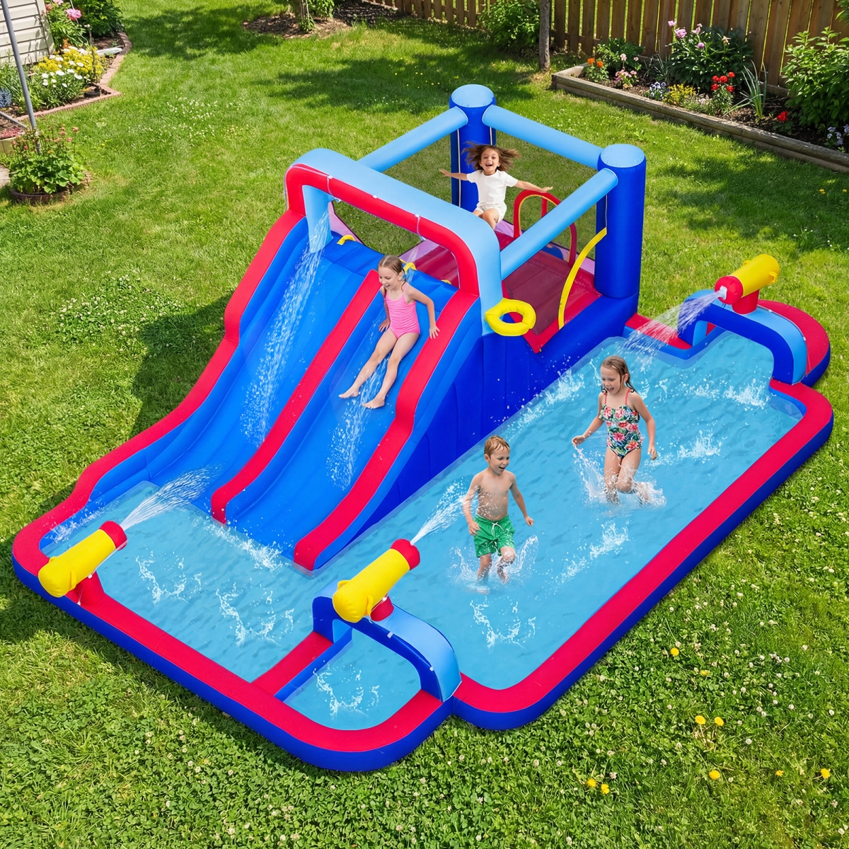 NP13052US Inflatable Water Slide Park Giant Bounce House with Double Slides with 750W Blower