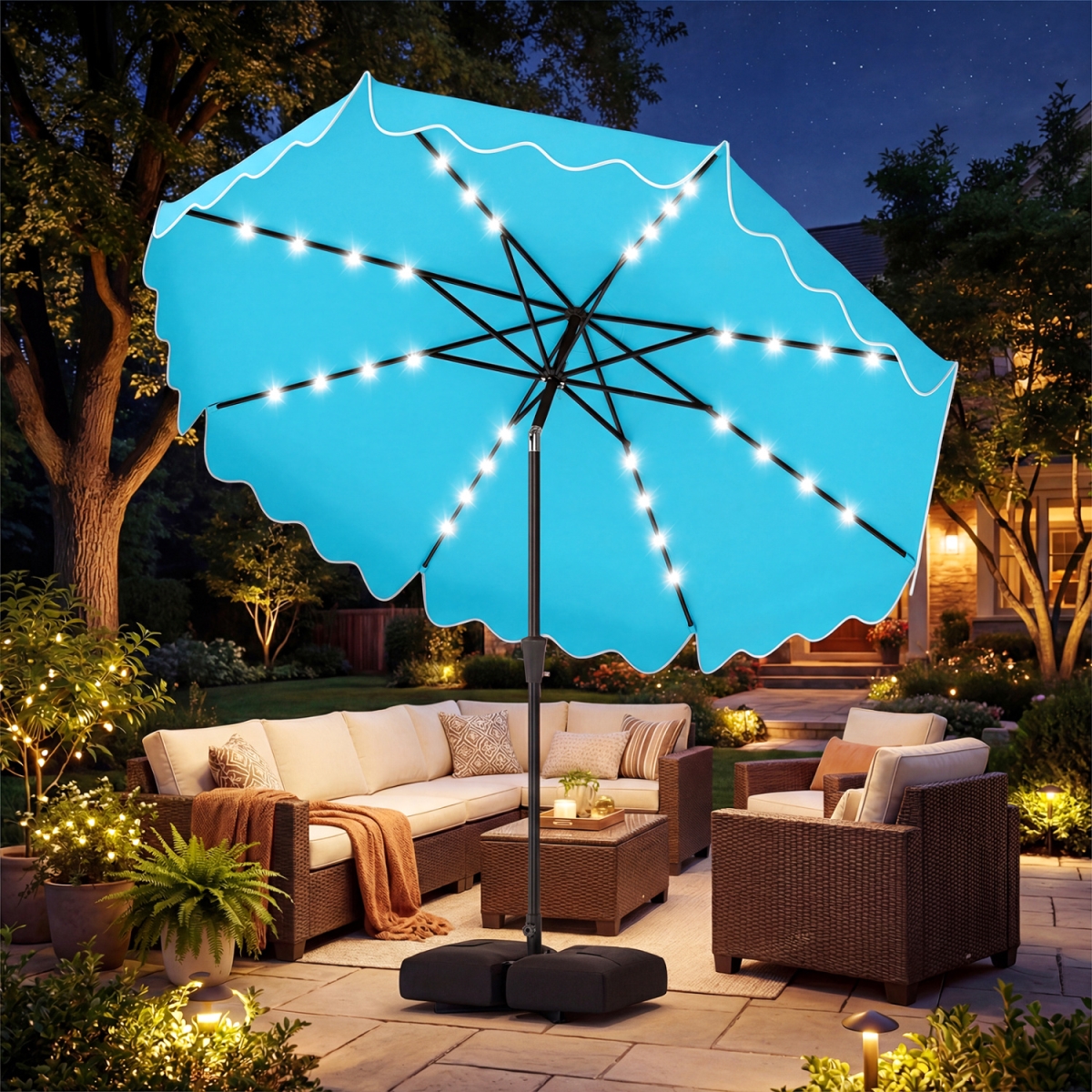 NP13208LS 10 ft. Outdoor Patio Umbrella with Solar LED Lights & Weighted Base - Turquoise