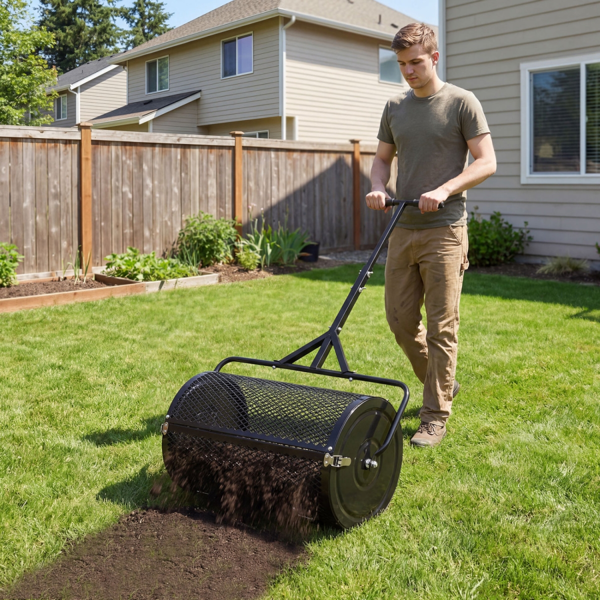 TH10121DK 24 in. Compost Spreader Peat Moss Spreader Roller with Height-Adjustable T-Shaped Handle - Black
