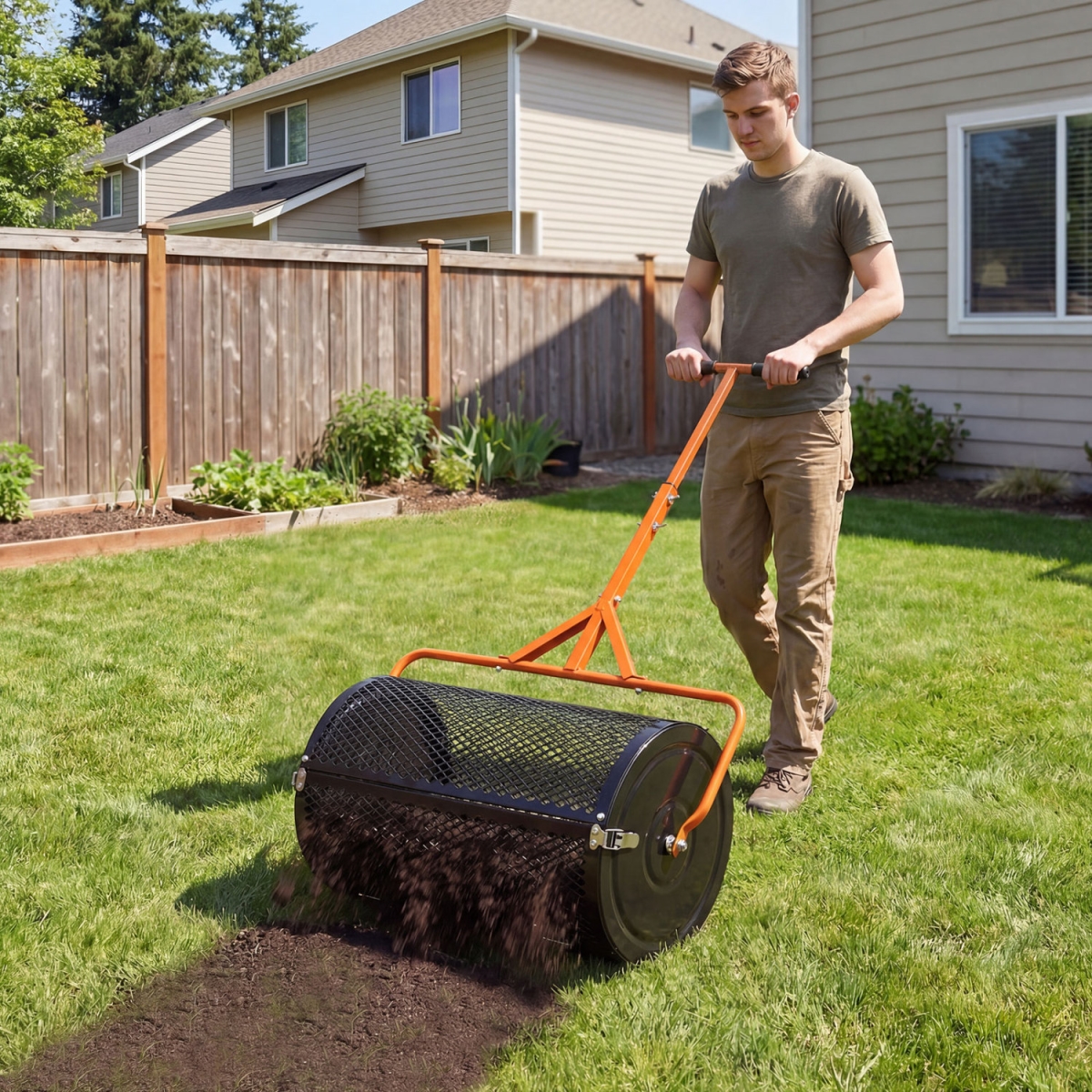 TH10121OR 24 in. Compost Spreader Peat Moss Spreader Roller with Height-Adjustable T-Shaped Handle - Orange