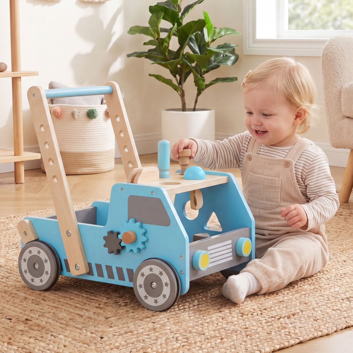 TP10256BL 2-in-1 Wooden Baby Walker with Adjustable Speed & Bottom Storage - Blue