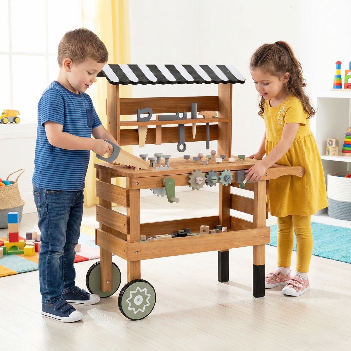 TM10216BN 2-in-1 Kids Rolling Cart with Play Tools Set for Construction Play - Brown