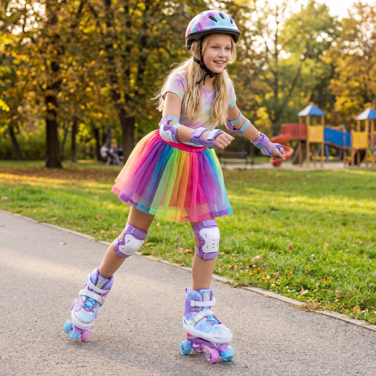 TS10408BL 4 Sizes Adjustable Kids Roller Skates for Toddlers Ages 9-14 with 4 Light-Up Wheels - Blue