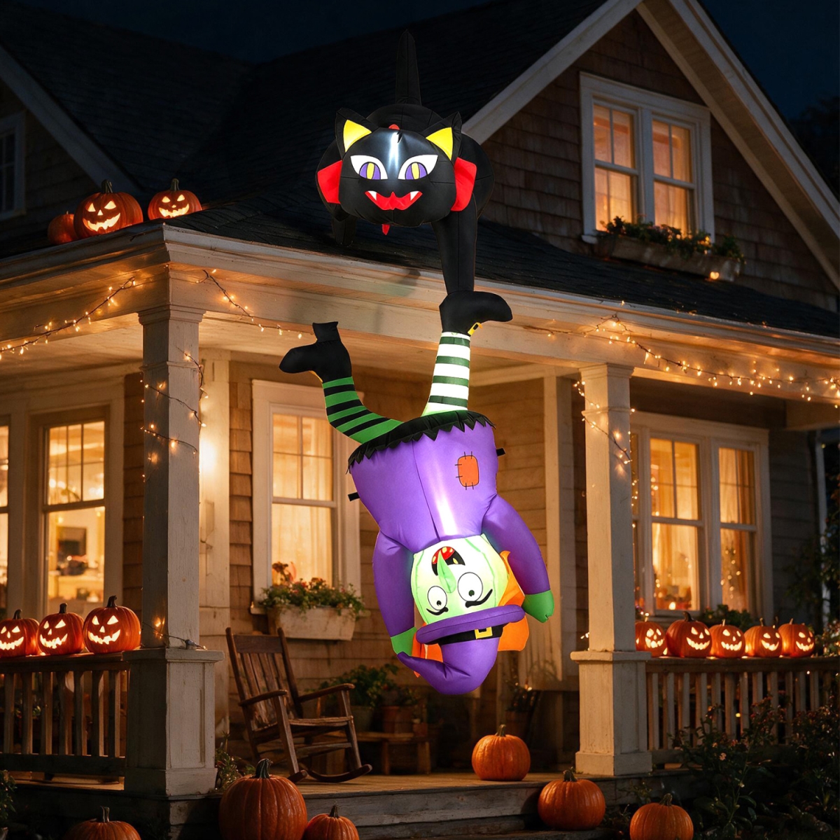 TT10046US 6.2 ft. Halloween Hanging Inflatable Witch & Black Cat with LED Lights - Black, Green & Purple