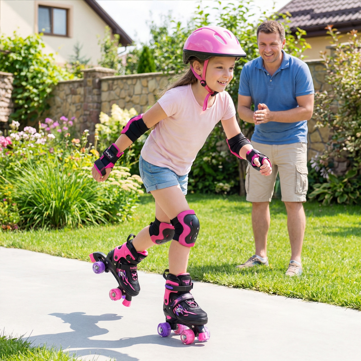 TS10376PI Kids Roller Skates for Girls Boys 4 Sizes Adjustable Quad Skates with Light-Up Wheels for Outdoor - Pink