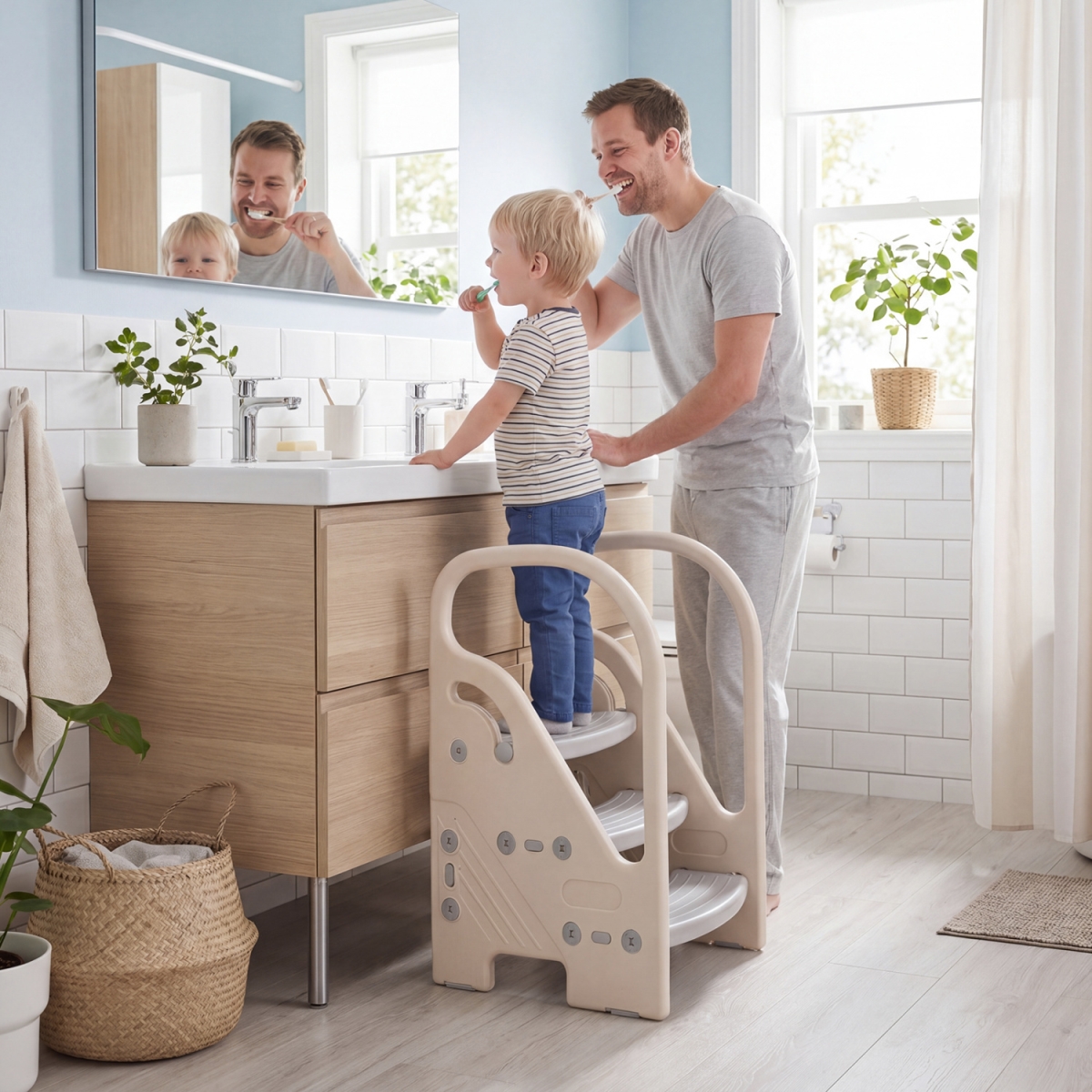 UY10255GR Adjustable 3-Step Helper Stool with Safety Handles & for Kids - Gray
