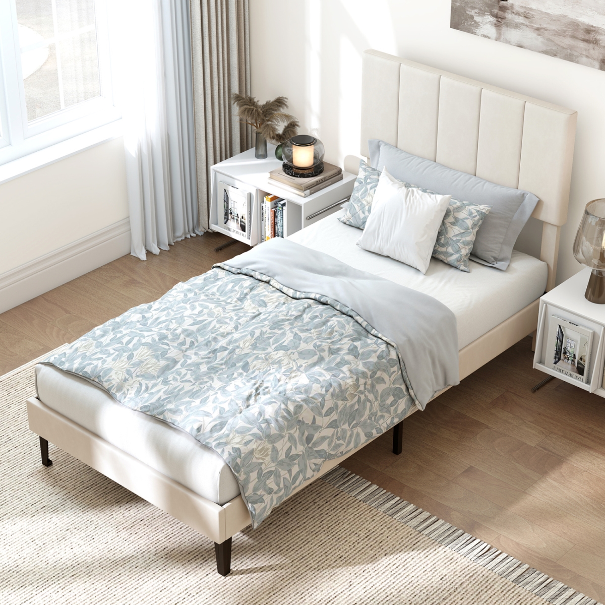 HU11141US-TBE Linen Upholstered Platform Bed with Height Adjustable Vertical Channel Headboard - Gray - Twin Size
