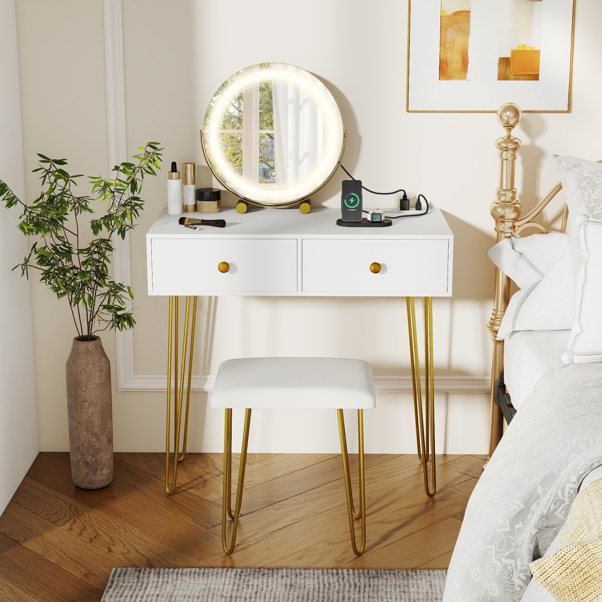 HU11206US-WH Vanity Desk with Lighted Adjustable Mirror for Bedroom - White