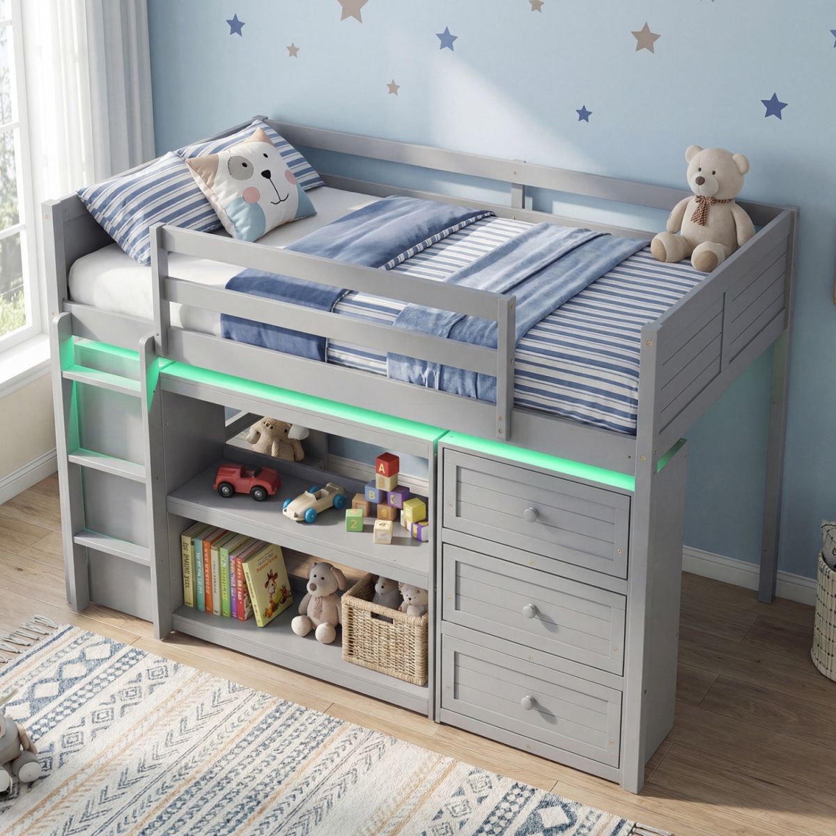 HU11343GR- Loft Bed with LED Lights & Underbed Space for Kids - Gray - Twin Size