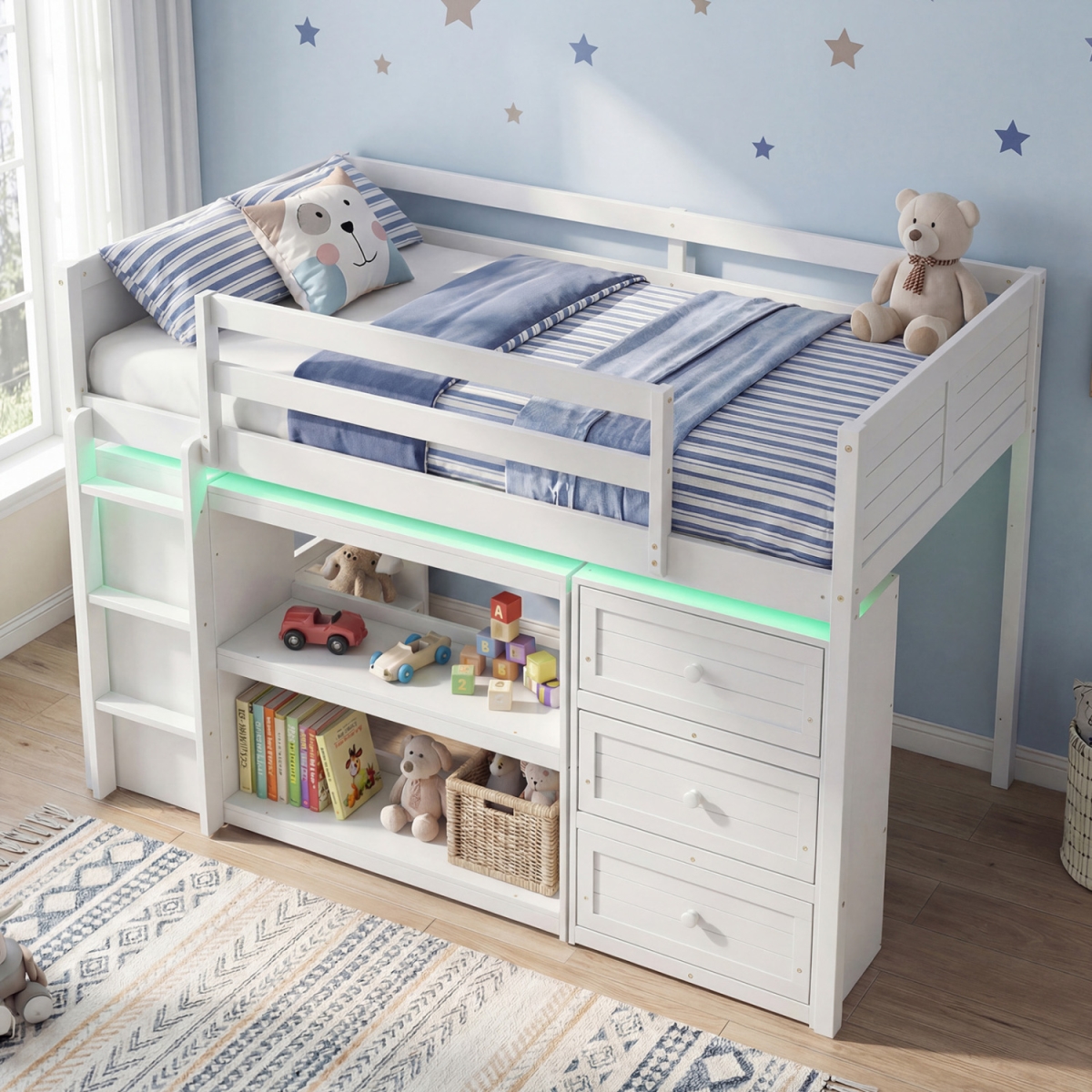 HU11343WH- Loft Bed with LED Lights & Underbed Space for Kids - White - Twin Size